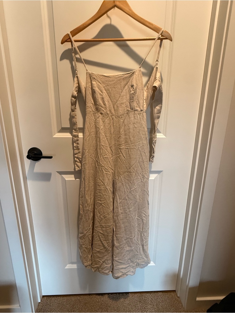Beige Off-Shoulder Wide-Leg Jumpsuit